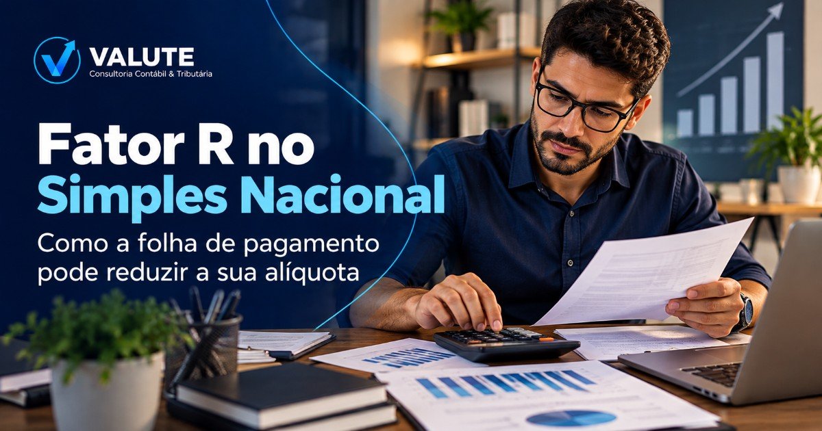 Empresário calculando a folha de pagamento com calculadora, ilustrando o Fator R no Simples Nacional