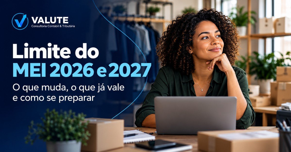 Empreendedora brasileira diante de notebook em escritório moderno, ilustrando o limite do MEI em 2026 e 2027, com identidade visual azul-marinho da Valute